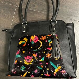 Black Tote Bag with Colorful Floral Panel & Tassel Genuine Colombian Leather